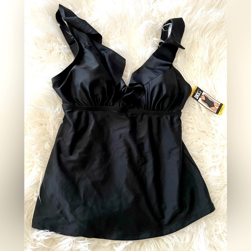 DKNY M Ruffled Tankini Swim Top Only Black Quick Dry